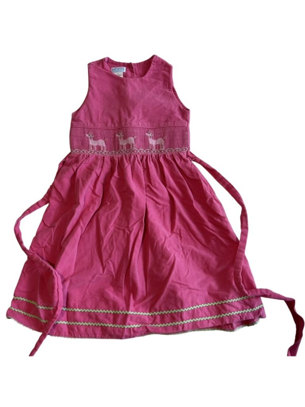 Vive La Fete Llama Dress Girls Pink Corduroy Smocked Belted Sleeveless Size 4